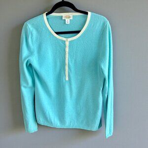 Talbots Aqua Blue Lambswool Blend White Trim Pullover Long Sleeve Sweater Size M